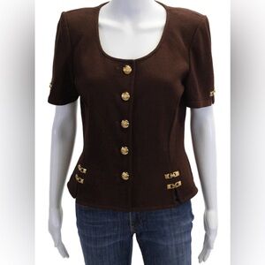 St. John Collection Brown Short Sleeve Jacket Gold Buttons and Accents Sz 6 EUC